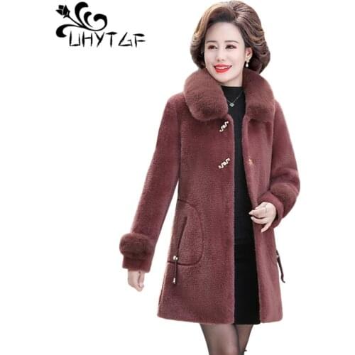 UHYTGF Autumn Winter Coat Women Quality Mink Casual Female Woolen Jacket Single-Breasted Elegant Mother Plus Size Outerwear 1356