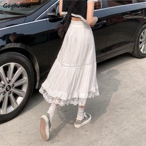 Fairy Lace White Skirts Women Elastic Waist Empire A-line Midi Skirt Elegant Summer All-match Tender Slim Girl Sweet Faldas Chic