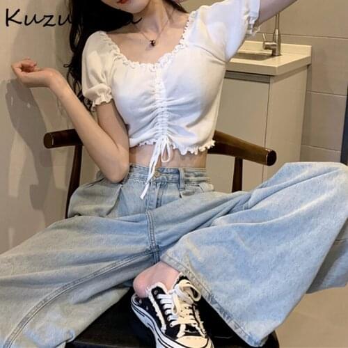 Kuzuwata V Neck Short Sleeve Multicolor Shirt Drawstring Design Slim Fit Short Pull Femme Summer 2021 New Sueter Mujer Ol