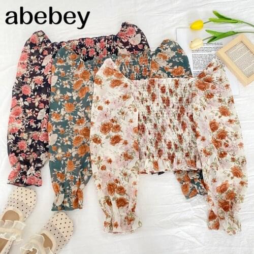2021 New Spring Summer Sweet All-match Floral Print Blouse Square Collar ruched slim fit Puff Sleeve Chiffon shirt Top