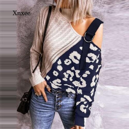 Spring and Autumn Womens Sexy Tops Strapless Turtleneck Sweater Leopard Print Patchwork Pullover Casual Long Sleeve Sweater