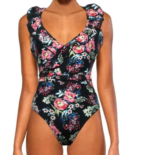 Women Sexy halter Swimsuit Floral Print Ruffle Bandage V Neck Sleeveless Vintage One Piece Black Print Bikini Swimsuit Lot