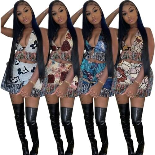 2021 Womens Summer New Style Printed Fringed Vest Sleeveless Sexy Crop Top Shorts Two-Piece Suit