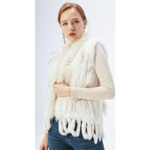 ETHEL ANDERSON Real Farm Knitted Rabbit Fur Waistcoat/Vest/Gilet with Real Raccoon fur Collar Tassel Style Fashion Gift for Lady