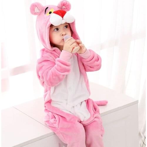 Winter Kids Kigurumi Pink Panther Children Hooded Onesies For Girls Boys One-Piece Animal Pajamas Long Sleeve Sleepwear Pijama