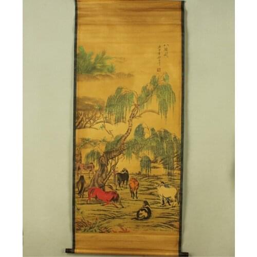 Antique painting traditional Chinese 8 horses under the willows painting scroll painting,old paper painting
