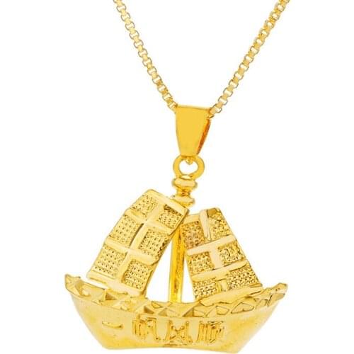 24K Gold Dubai Boat Shape Jewelry Pendant Necklace 45cm Sweater Chain Jewelry for Women Mother Girls Gift Wedding Bridal Jewelry