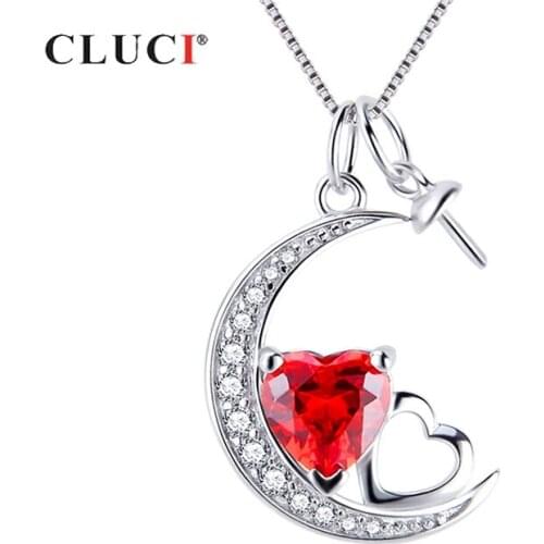CLUCI 925 Sterling Silver Zircon Moon Pendant for Women Valentine Day Gift Silver 925 Red Double Heart Women Jewelry SP405SB