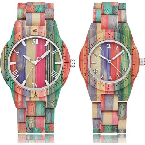 Colorful Bamboo Wood Watch Men Women Couple Watches Rainbow Color Printing Real Natural Wooden Wristwatch Creative Stylish Clock
