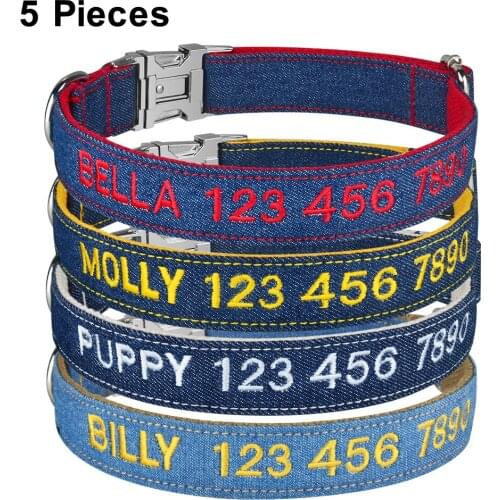 Nylon Jeans Cloth Embroidered Solid Color Basic Dog Collar Padded Personalized Custom ID Tag Adjustable Quick Release All Season