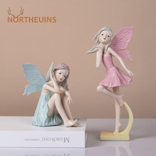 NORTHEUINS Resin Flower Fairy Girl Figurines Wing Elf Statues Nordic Creative Art Desktop Decor Living Room Decoration Sculpture