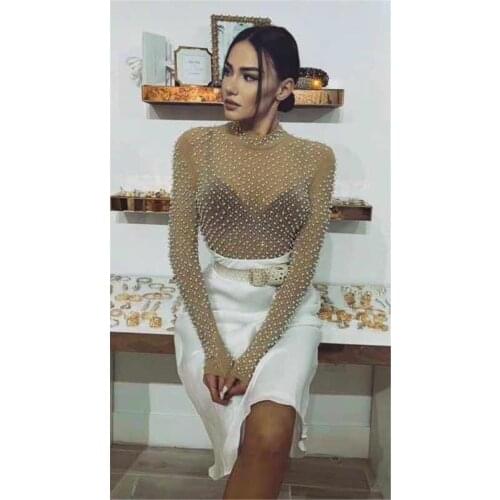 Hoght Quality New Fashion Sexy Long Sleeve Pearl Khaki Women Bodysuit 2020 Celebrity Designer Fashion Beachwear Swiming Suit Bod