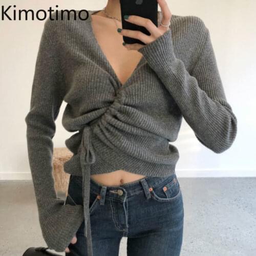 Kimotimo Design Knitted Pullover Women Korean Ins V Neck Irregular Drawstring Slim Crop Top Autumn Long Sleeve Solid Sweater