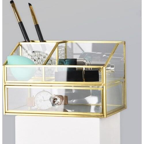 Brass Glass Cosmetic Organizer Box with Drawer Bathroom Storage Makeup Jewelry Display Shelf Holder