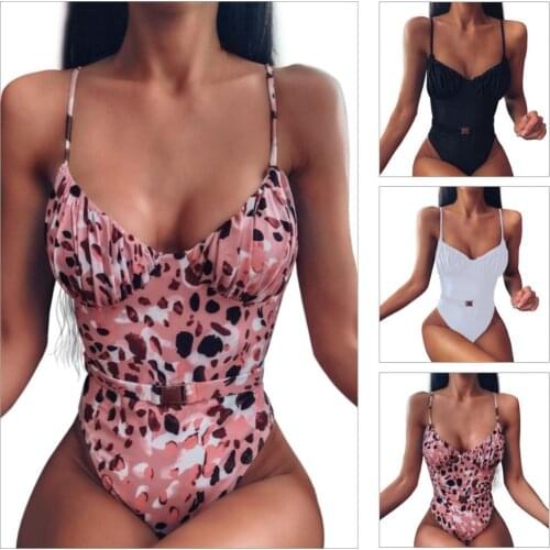 70% Hot Sell Women Summer Leopard Solid Color One Piece Bikini Swimsuit Swimwear with Belt