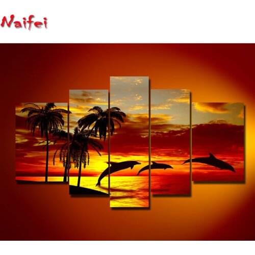 5pcs Diamond Painting Full Drill Square Landscape 5D DIY Diamond Embroidery Seaside Sunset Picture Of Rhinestone Sunrise dolphin