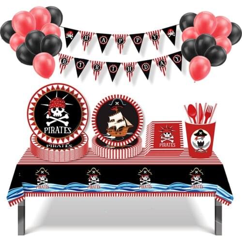 New Red and Blue Pirate Cartoon Theme Party Disposable Tableware paper plates cups Kids Birthday Get Together Picnic Decoration