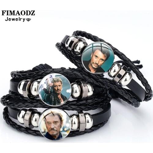 FIMAODZ Newest Johnny Hallyday Bracelet Rock Star Art Photo Charm Hand Knit Leather Bracelets for Men Women Fans Gift Jewelry