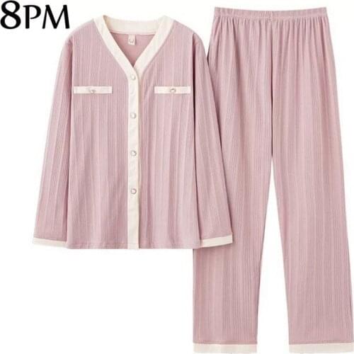 New Fashion Cotton Pajamas Set Multicolor Sleepwear Women Long-sleeve Pants Nightwear Simple Lovely Style Home Wear Pjs ouc1141