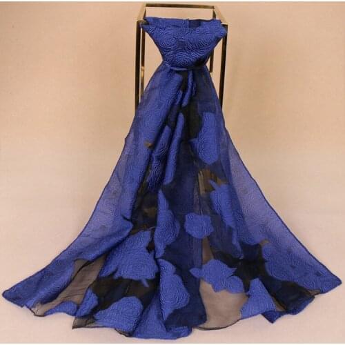Spring New Womens Silk Wool Cut Flower Silk Scarf Floral Organza Semi-permeable Womens Gauze Scarf Shawl, Wrap Floral