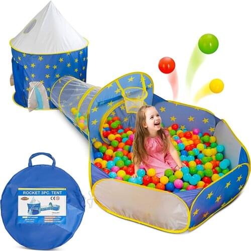 3pc Kids Rocket Tent Crawl Tunnel Ball Pit Children Castle Playhouse for Boys Girls Indoor & Outdoor Use Childrens Tent 3 In 1