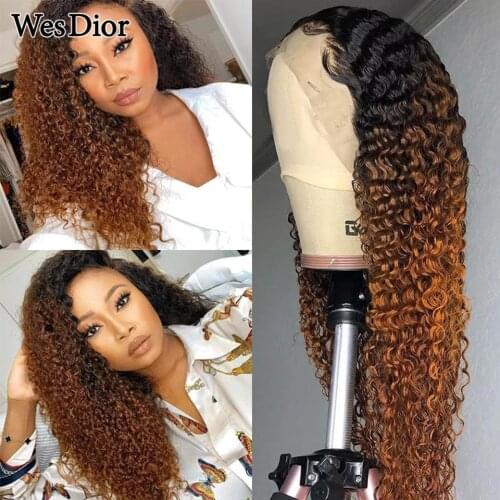 Ombre Brown Curly Human Hair Wig With Baby Hair Brazilian Curly Lace Front Human Hair Wigs For Women Lace Part Wig Remy hair180