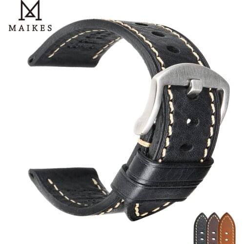MAIKES Top Quality Vintage Genuine Leather Watchbands Steel Pin Buckle Watch Band Strap for 18mm 20mm 22mm Smart Watch Belt