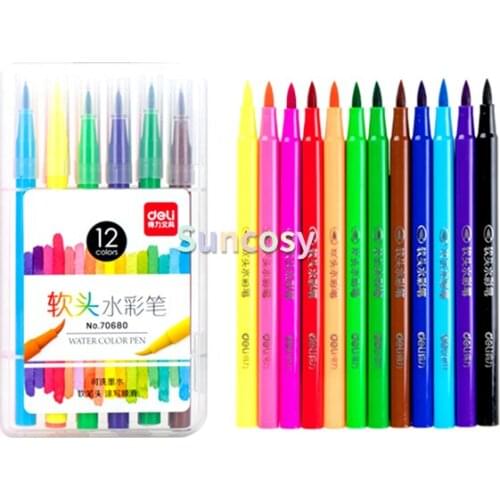 Deli 12 / 24 / 36 / 48 color soft head watercolor pen, washable soft head For Kids Professional Painting Brush, Art Supplies