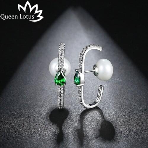 Queen Lotus 2018 Fashion Women Earrings Personality Pearl Round Stud Earrings Green Rhinestone Earrings Jewelry Birthday Gift