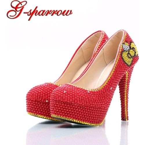 Red Pearl Wedding Shoes with Gold Rhinestone Bridal Dress Shoes Wedding Party High Heels Banquet Prom Pumps