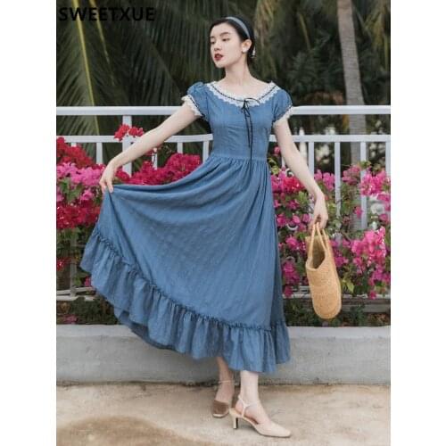 SWEETXUE Summer French Retro Temperament Lace Patchwork Ruffle Romantic Sweet Elegant Party Puff Sleeve Chic Dress Female