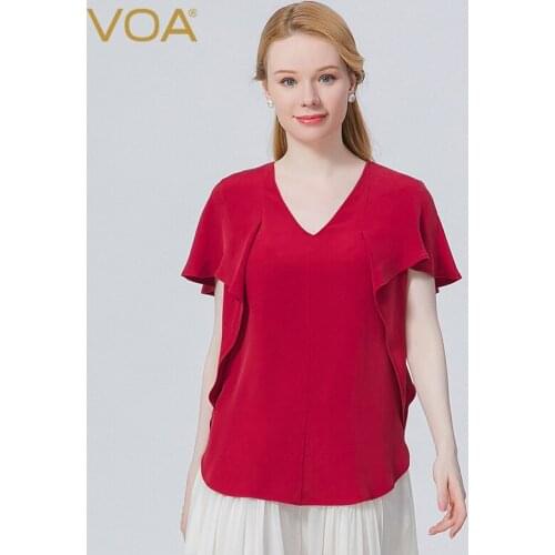 VOA Silk 30m/m Red Leaf V-neck Woman Tshirts Ruffled Short Sleeve Technology Three-dimensional Decorative T-shirt Women BE758