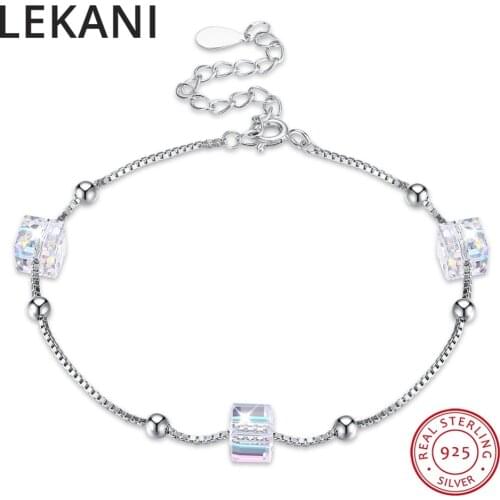 LEKANI Crystals From SWAROVSKI Cube Beads Strand Bracelets Bangles For Women Accessories 925 Silver Fine Jewelry 2018