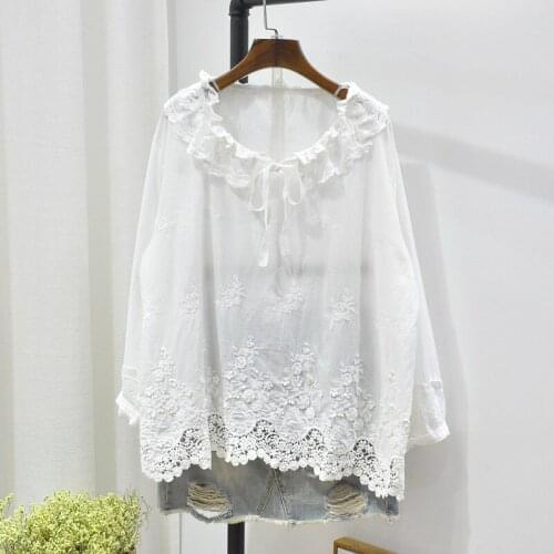 FairyNatural Women Sweet Princess Lolita Lace Pullovers Patchwork Sash Flowers Stitch Hollow Out White Cute Loose Shirt Ladies
