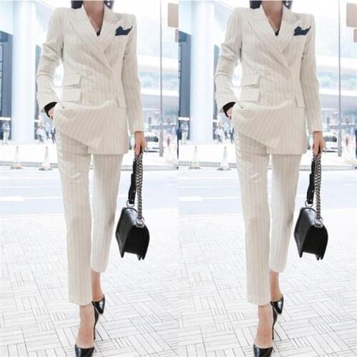 Womens fashion casual suit suit / womens business coat white striped solid color double-breasted suit jacket +pants pants suit