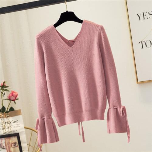 Womans Harajuku V-neck Pullover Bottoming Shirt Short Lantern Sleeve Knit Sweater Casual All-match Sweater Spring Autumn Wear