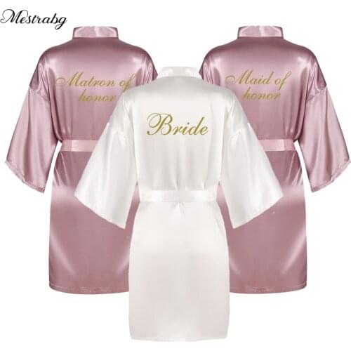 Mauve bride robe satin silky women kimono golden writing bridal party dressing gown team robe short brides squad kimono robes
