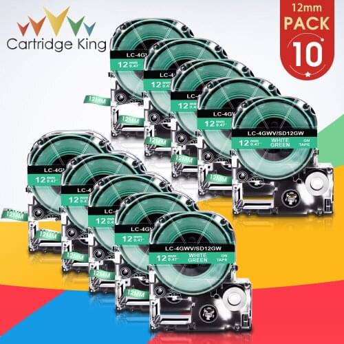 10PK 12mm for Epson Labeling Tape White on Green Adhesive Ribbon Printer Tape Label Cassette SD12GW LK-4GWV for Kingjim SR55