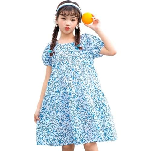 2021 Summer Dress New Western Style Blue Floral Foam Sleeve Cotton Girls' Dress Girls Clothes Korean Baby Clothes