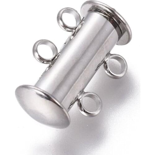 5Sets 2-Strands 4-Holes Tube Brass Magnetic Slide Lock Clasps Hooks Jewelry Findings, Nickel Free 16x10x7mm, Hole: 2mm