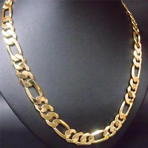 60cm Mens 24 K Yellow Solid Gold FINISH Figaro Necklace Chain Link Flat Hammered Wide 12mm 3/1
