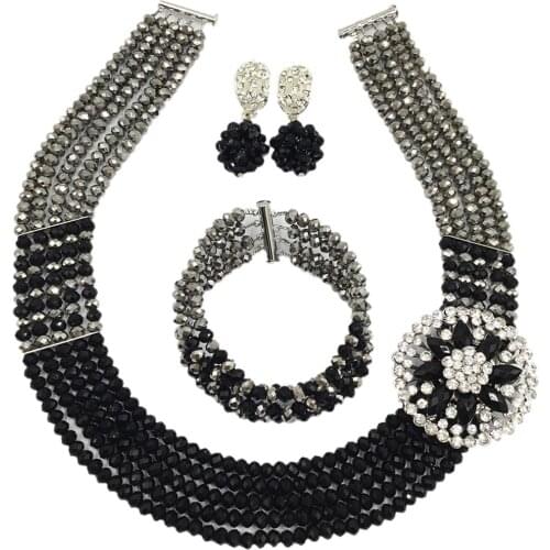 Flash black crystal bead strand necklace nigerian wedding african jewelry set