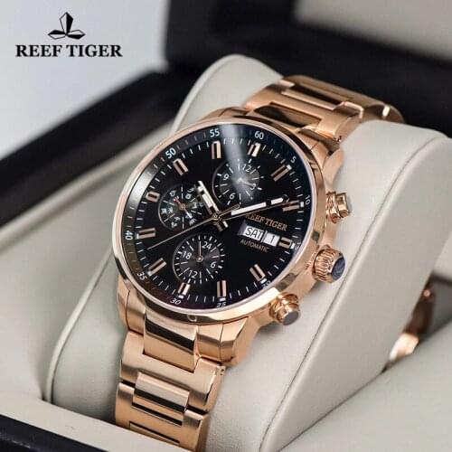 Reef Tiger/RT Luxury Rose Gold Automatic Mechanical Men Watches Date Waterproof Men Sports Military Watches Relogio Masculino