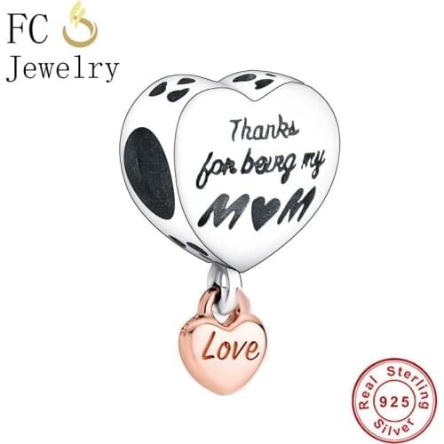 FC Jewelry Fit Original Brand Charm Bracelet 925 Silver Rose Gold Thank For Being My Mom Love Heart Bead For Making Berloque
