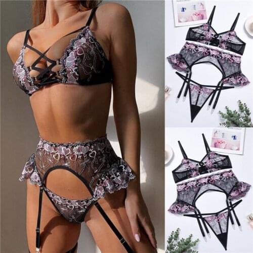 3Pcs Women Sexy Lingerie Set Embroidery Sheer Spaghetti Strap Bra + Thongs + Waistband Garters Suit for Girls and Ladies Black