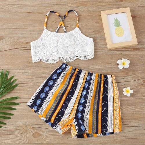 2Pcs Kids Summer Tracksuit Lace Splicing Spaghetti Straps Crop Tops + Printed Shorts for Girls 18 Months to 6 Years
