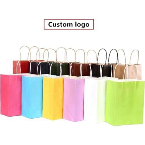 Custom logo) 50pcs Gift Paper Bags with Handles Kraft Gift Packing Bags Festival Party Wedding bag for packages