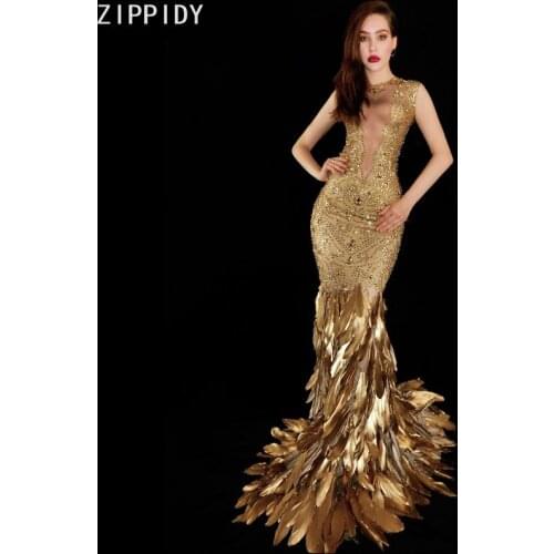 Flashing Gold Rhinestone Feather Tail Spandex Dress Women Dance Show Outfit Costume Birthday Celebrate Long Dresses