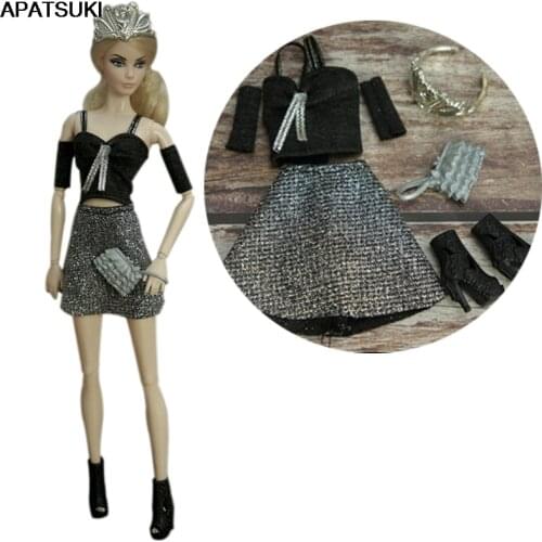 Black Silver Fashion Outfits For Barbie Doll Clothes Set For Barbie Top Skirt Purse Crown Boots 1/6 Dolls Accessories Kids Toys