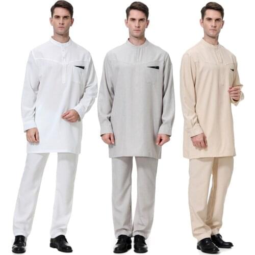 Muslim Arab Men Robes Eid Worship Service Middle East Ramadan Thobe Thawb Caftan Suit Islamic Abaya Jilbab Moslem Shirt Pants